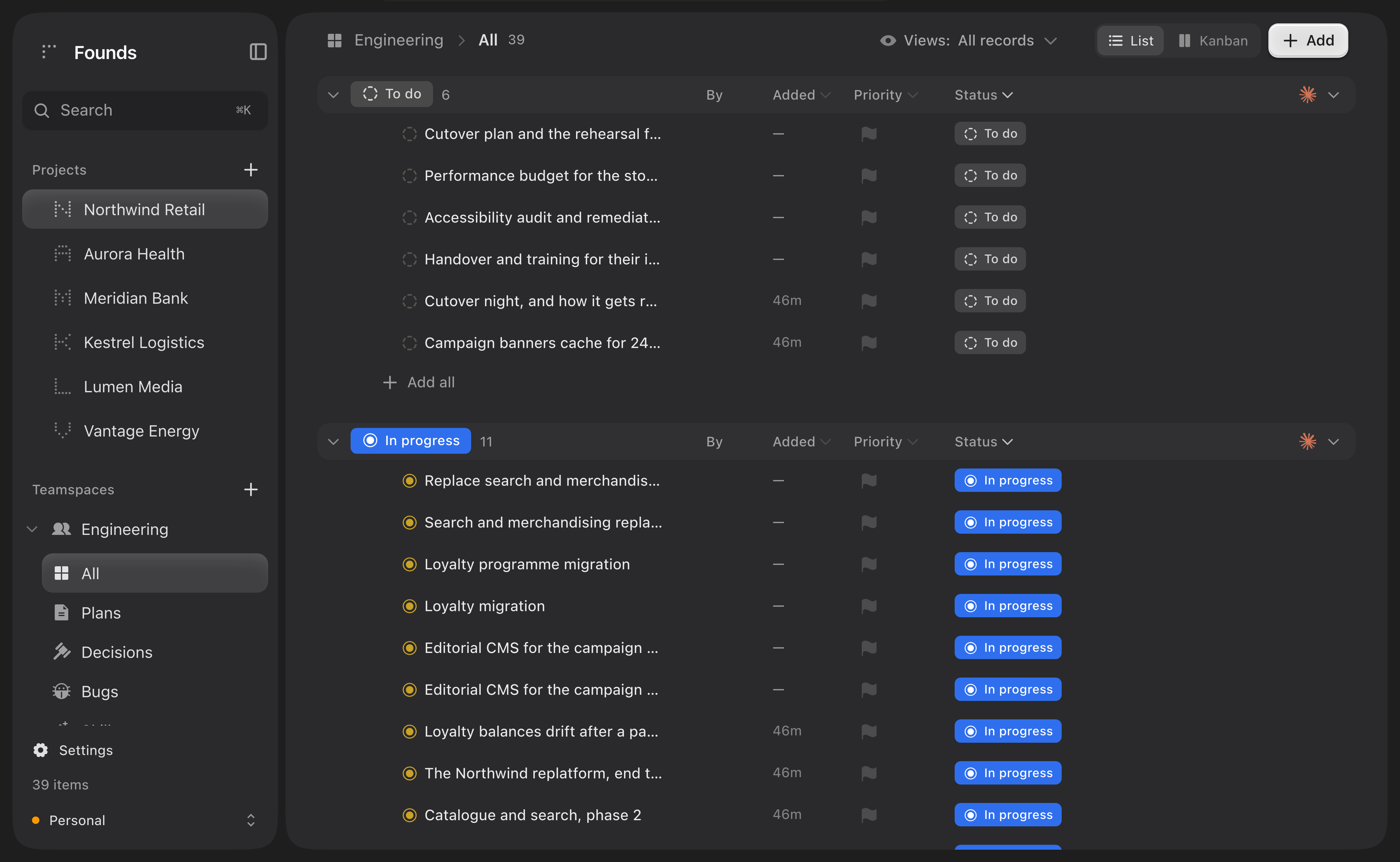 The FoundsBoard board view: projects in the sidebar, tasks grouped by status.